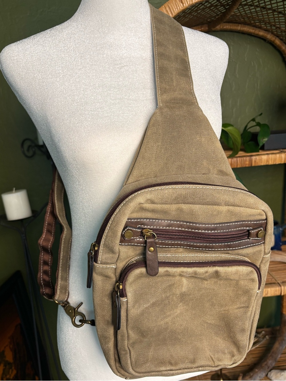 Canvas Sling Multiple Pocket Rustic Bag in Khaki - Casual Crossbody